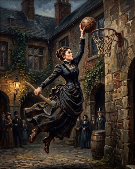 Air Borden — A lady of society rises for the dunk. Nobody in this century is prepared for it.