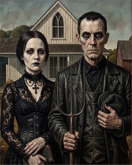 American Goths — The farm couple, now with eyeliner. The pitchfork stays.