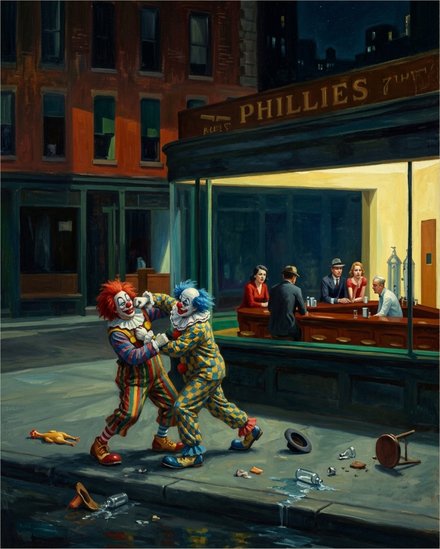 Clown Fight — Two clowns settle a dispute in an all-night diner. The other patrons have elected not to get involved.