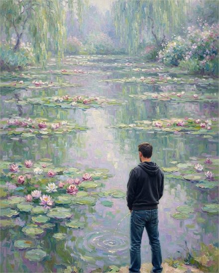 Watering Lilies — Someone has wandered into the Monet. He appears to be waiting for a text.