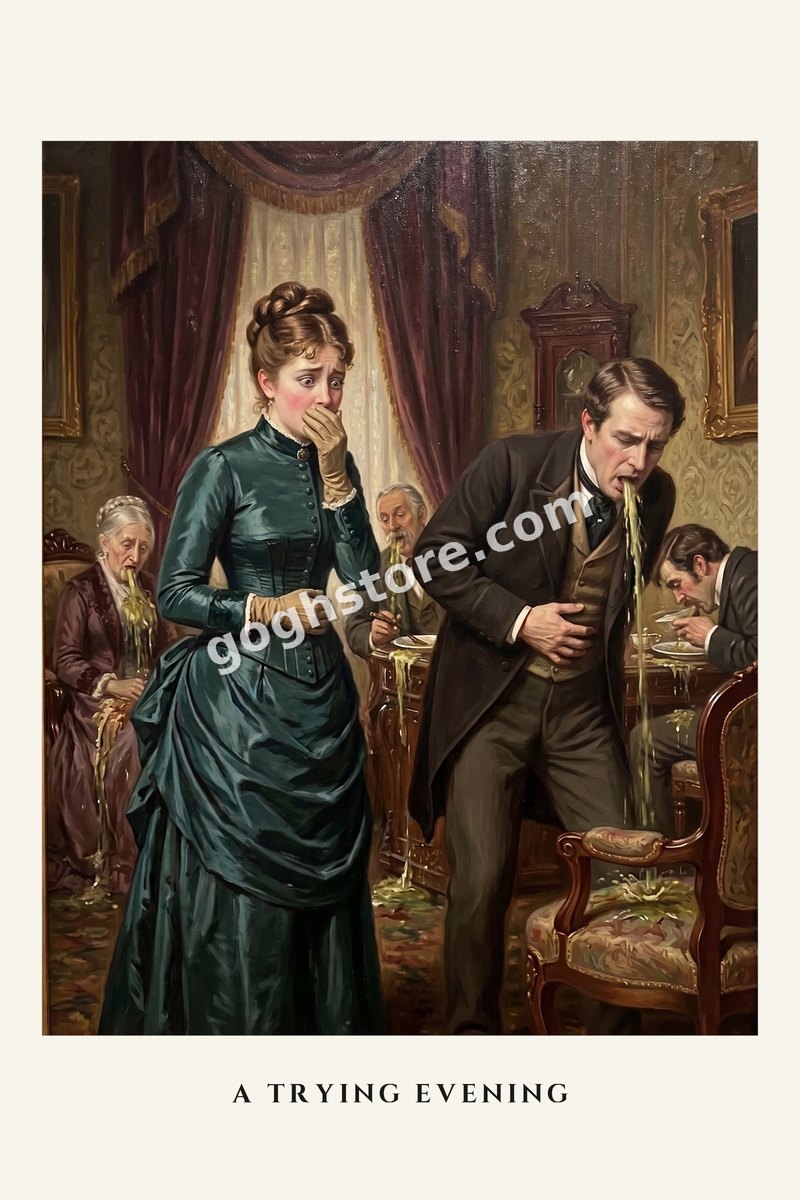 A Trying Evening — A gentleman reconsiders the fish course. The lady is not the one having a trying evening.