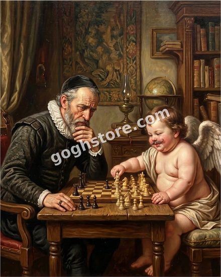 CHERUB CHESS — He is losing to an infant. The infant is enjoying it.