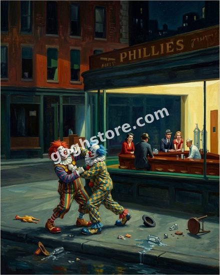 CLOWN FIGHT — Two clowns settle a dispute in an all-night diner. The other patrons have elected not to get involved.