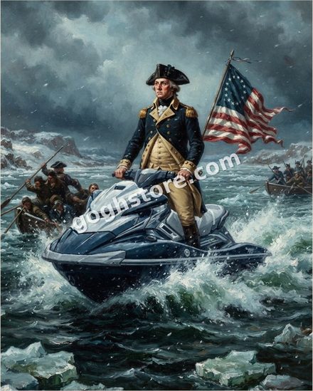 CROSSING OF THE RAD RIVER — Washington crosses the Delaware at forty knots. Morale has never been higher.