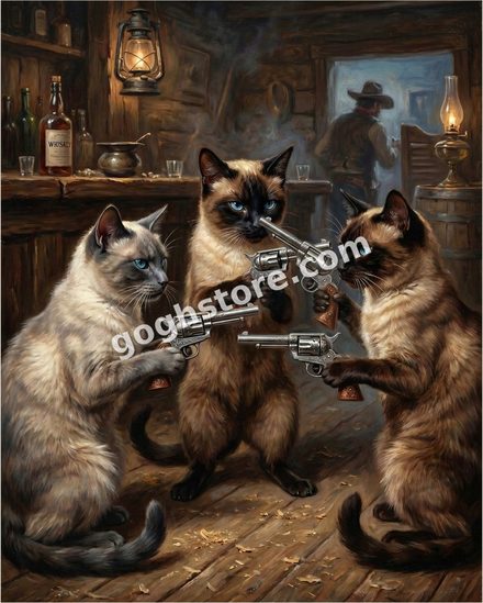 SIAMESE STANDOFF — Three cats, three revolvers, zero intention of blinking.