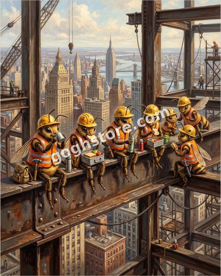 WORKER BEES — Lunch atop a skyscraper, union rules observed. Nobody is afraid of heights.